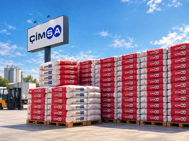 Çimsa white cement bags stacked on pallets in an open yard