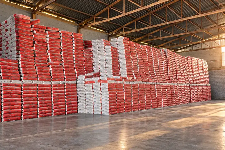 Çimsa white cement bags stacked high in a warehouse